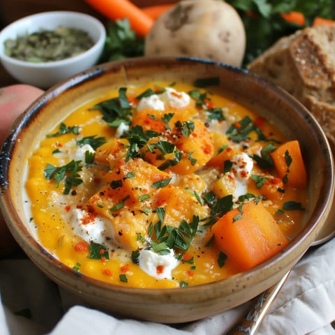 Une soupe crémeuse de butternut dans un bol, garnie de persil et de paprika avec un morceau de pain à côté.