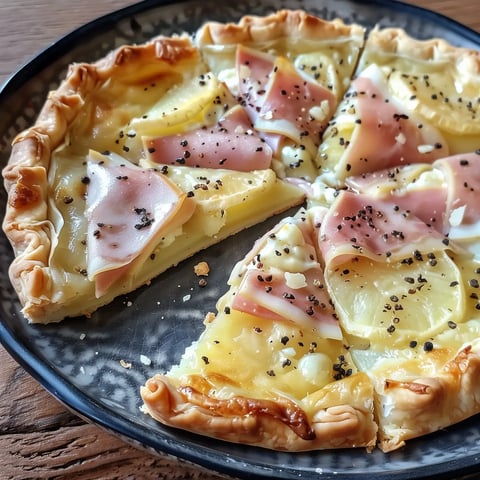 Une tarte salée garnie de fromage fondu, pommes de terre et jambon, coupée en parts appétissantes sur une assiette.