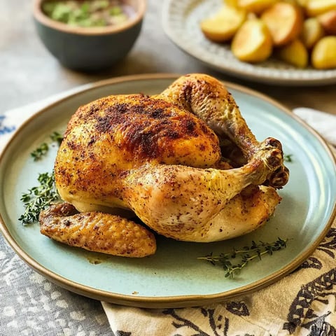 Un poulet doré, assaisonné à la perfection, est servi sur une assiette bleue décorée de thym.
