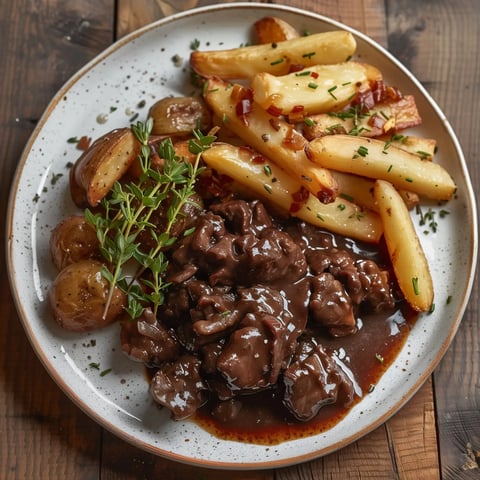 Assiette blanche avec viande mijotée, pommes de terre dorées et herbes fraîches en garniture.