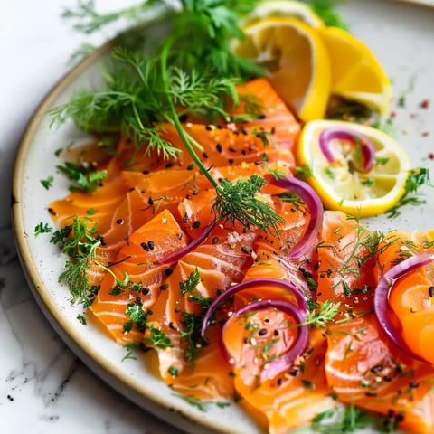 Filets de saumon marinés agrémentés d'herbes fraîches, rondelles d’oignon et quartiers de citron.
