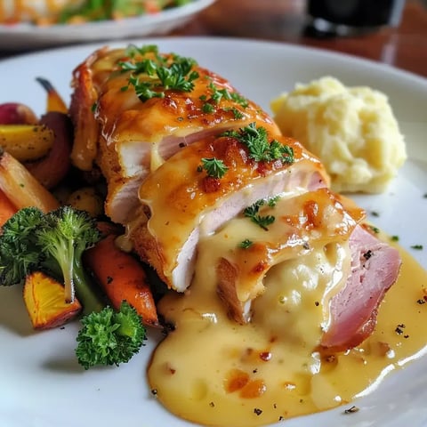 Assiette de cordon bleu doré avec une sauce onctueuse, accompagnée de légumes et d’une purée.