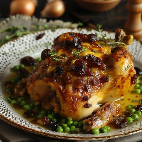 Un rôti savoureux et doré avec des raisins, posé sur un lit de petits pois frais.
