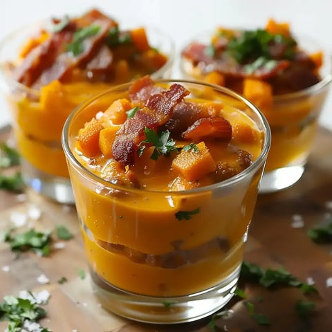 Une verrine contenant un velouté orange vif, des morceaux de courge et de lard croustillant, garnie de feuilles fraîches.