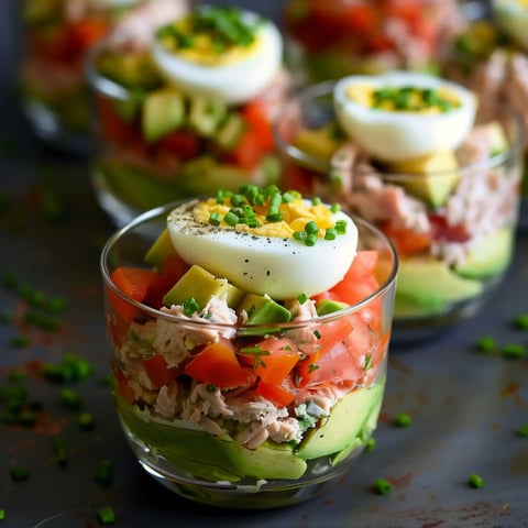 Belles verrines colorées avec avocat, tomate, thon et œuf, décorées de brins de ciboulette.