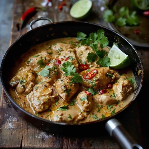 Poulet tendre dans une sauce coco citron vert, garni de coriandre et piments frais, servi avec des quartiers de lime.