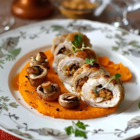 Un plat raffiné avec des roulés de dinde farcis, servis avec une purée de patate douce et des champignons rôtis.