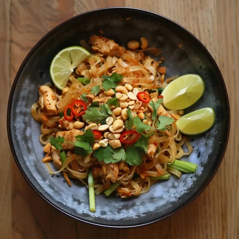 Nouilles sautées au poulet avec noix de cajou, piment, coriandre et citron vert.