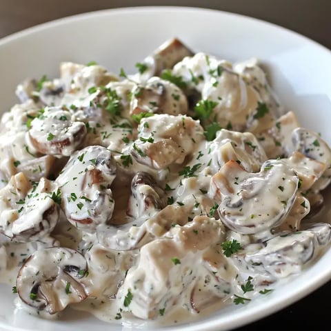 Un saladier rempli de champignons crémeux, parsemés de persil frais et appétissants.