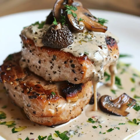 Deux morceaux de porc superposés, baignés dans une sauce épaisse aux champignons, décorés de persil frais.