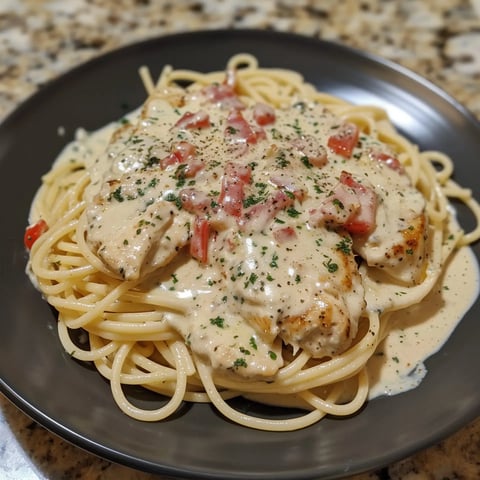 Un plat appétissant de pâtes au parmesan, avec morceaux de poulet, herbes fraîches et tomates.