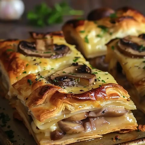 Une pâte feuilletée généreusement garnie de champignons bien assaisonnés et de fromage fondu.