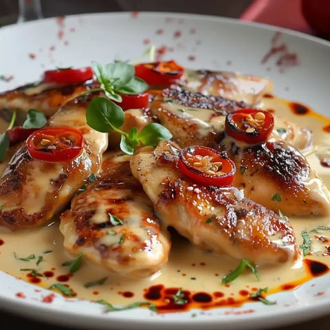 Filets de poulet dorés recouverts d’une crème onctueuse, parsemés de piments rouges et décorés de verdures.