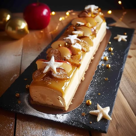 Un dessert hivernal décoré avec des morceaux de pomme, du caramel coulant et des décorations étoilées, servi sur une assiette sombre avec des touches dorées autour.
