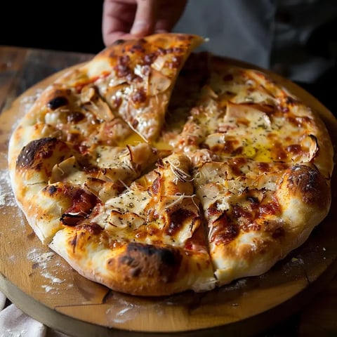 Une pizza au fromage et jambon tout juste sortie du four qu'on découpe sur une planche en bois.