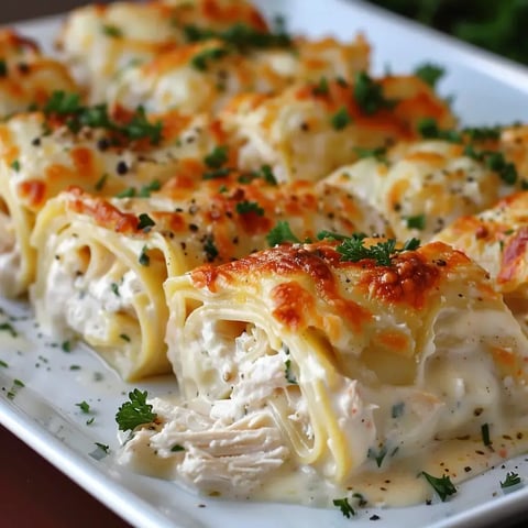 Des rouleaux de lasagne au poulet, nappés de sauce onctueuse et de fromage doré, servis dans une assiette.