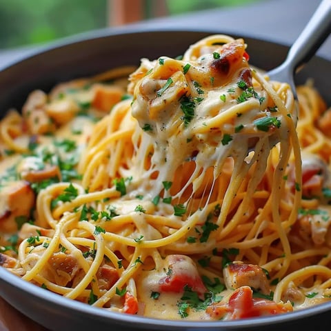 Un gratin de spaghetti crémeux parsemé de morceaux de poulet et décoré de persil frais.