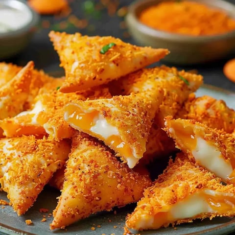 Une assiette de bouchées dorées et croustillantes avec un cœur de fromage filant, saupoudrées de miettes épicées colorées.