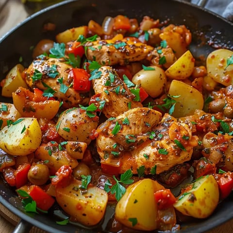 Poulet mijoté avec pommes de terre, poivrons et herbes fraîches dans une cocotte.