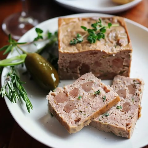 Une assiette blanche avec une tranche de terrine garnie d'herbes fraîches et un cornichon.
