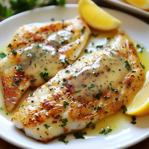 Filets de poisson bien dorés avec sauce au beurre, parsemés d'herbes et servis avec des morceaux de citron frais.