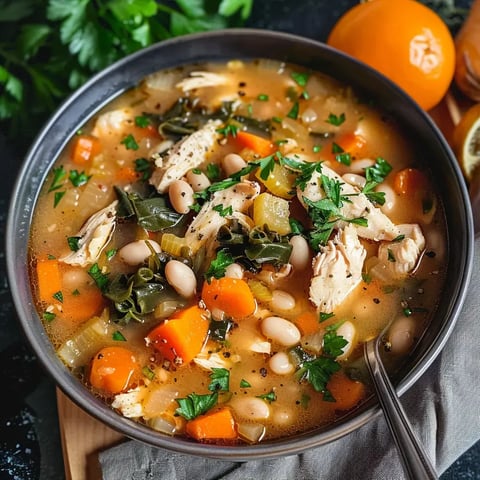 Un bol gourmand mélangeant poulet tendre, haricots blancs, légumes frais et persil.