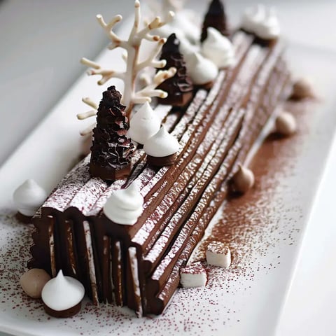 Un délicieux dessert chocolaté orné de sapins miniatures, de meringues légères et saupoudré de sucre blanc.