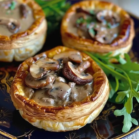 Des petits feuilletés dorés garnis de champignons dans une sauce crémeuse, avec quelques feuilles de roquette pour la déco.