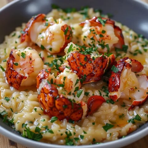Risotto fondant surmonté d'une queue de homard et parsemé de persil frais.