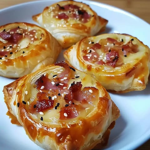 Quatre petits feuilletés farcis de fromage et jambon, avec des graines de sésame, servis sur une assiette blanche.