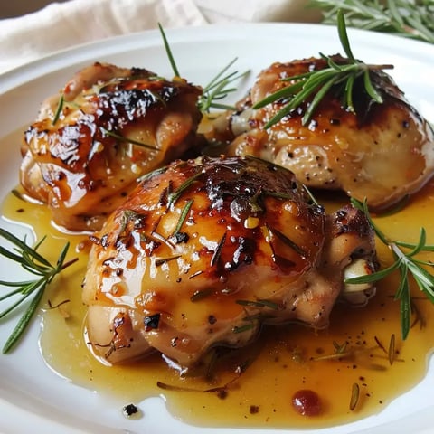 Des cuisses de poulet dorées aux herbes fraîches dans une sauce brillante et appétissante.