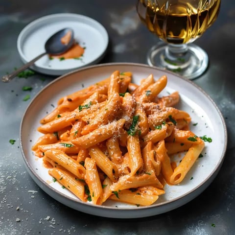 Un plat appétissant de pennes enrobées de sauce crémeuse, parsemé de fromage et d'herbes fraîches, avec un verre d'accompagnement.