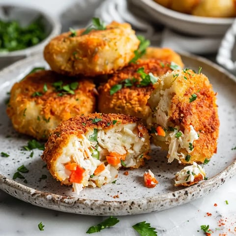 Des boulettes dorées farcies de poulet et légumes, servies dans une jolie assiette.