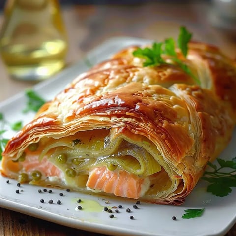 Une tresse feuilletée bien dorée garnie de saumon, poireaux et petits pois, posée sur une assiette avec un trait d'huile d'olive.