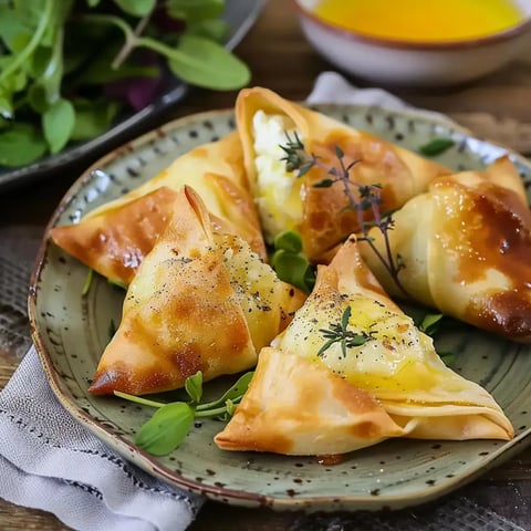 Des triangles dorés fourrés de fromage onctueux sont disposés sur une assiette avec quelques feuilles vertes fraîches.
