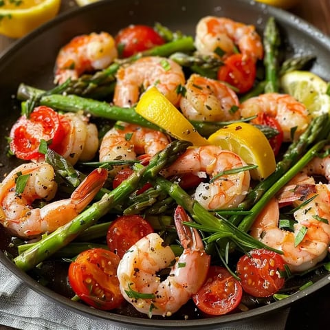 Une poêle garnie de crevettes sautées accompagnées de tomates cerises, d'asperges et de rondelles de citron.