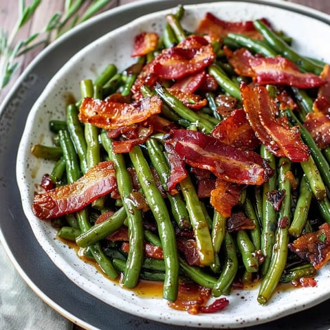 Haricots verts servis avec des morceaux de bacon croustillants.