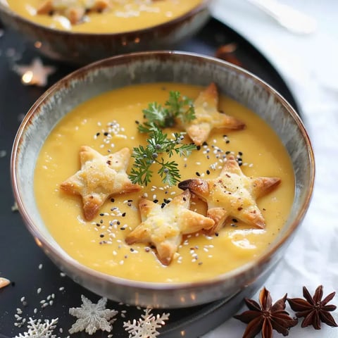 Un bol de soupe jaune et crémeuse décorée avec des étoiles de pâte, quelques graines de sésame et un brin de verdure.