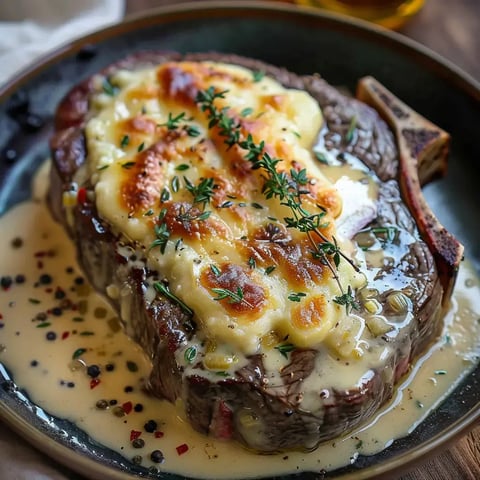 Une viande de bœuf servie avec une sauce crémeuse dorée au four, parsemée de thym frais dans un jus appétissant.