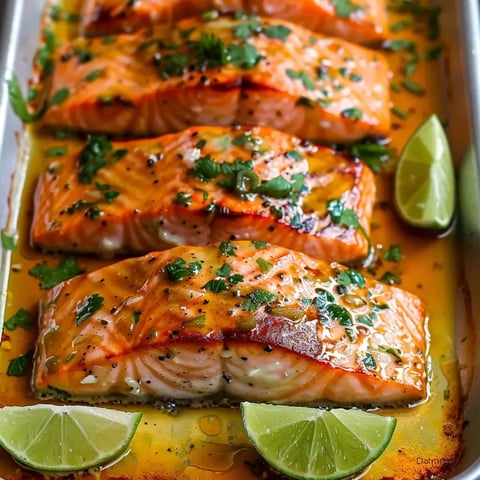 Morceaux de saumon grillés décorés de coriandre avec des quartiers de citron vert à côté.