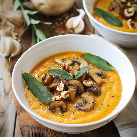 Une soupe orange garnie de champignons dorés, noix et feuilles de sauge, servie dans un bol blanc sur planche en bois.