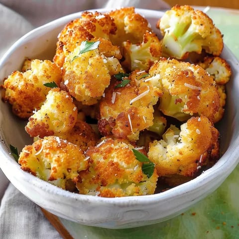 Un bol de chou-fleur croustillant, doré, parsemé de parmesan et de persil.