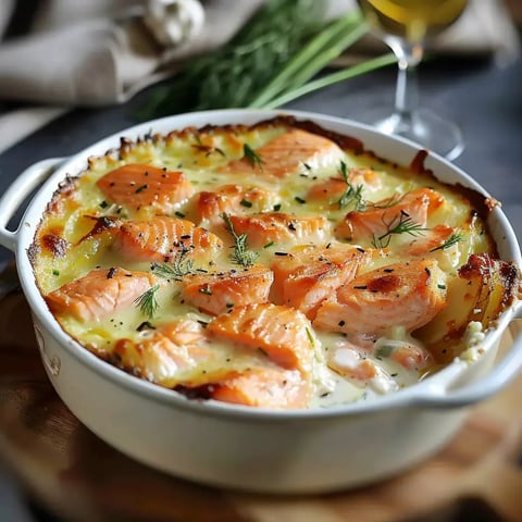 Plat au saumon gratiné, crème et herbes, présenté dans un plat céramique.