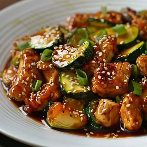 Une assiette de poulet sauté avec des courgettes, parsemée de sésame et ciboulette.