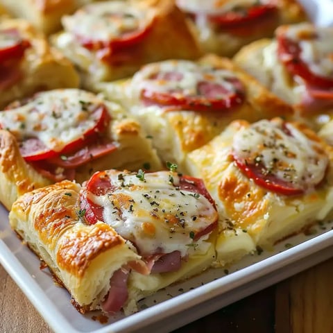 Carrés croustillants garnis de jambon, fromage et tomates, saupoudrés d'herbes sur un plat élégant.