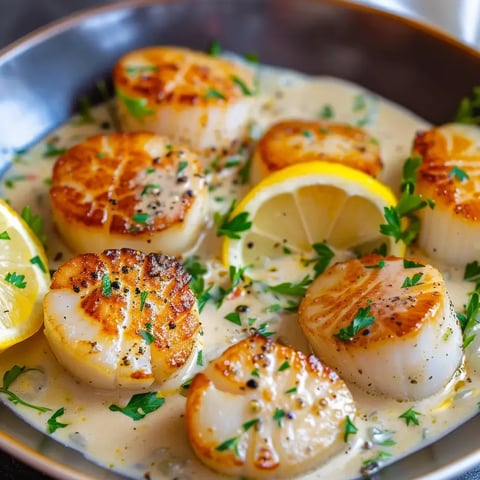 Des coquilles dorées nappées de sauce crémeuse avec du citron frais et du persil haché.