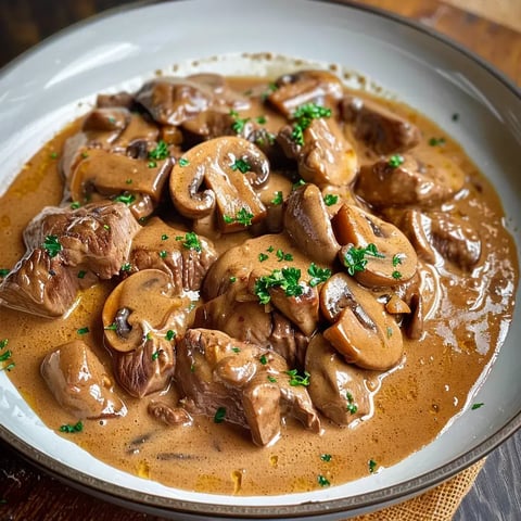 Une assiette de viande juteuse accompagnée de champignons nappés de sauce onctueuse, décorée de persil frais.