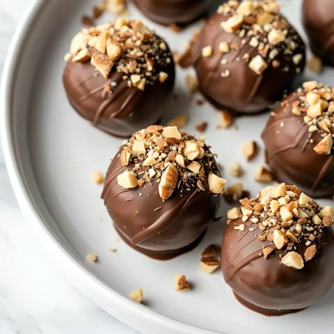 Petites boules au chocolat ornées de noix broyées sur une assiette blanche.