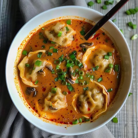 Bouillon crémeux aux raviolis avec ciboulette et champignons dans un bol fumant.