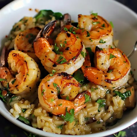 Un riz onctueux garni de crevettes dorées et parsemé d'herbes vertes fraîches.